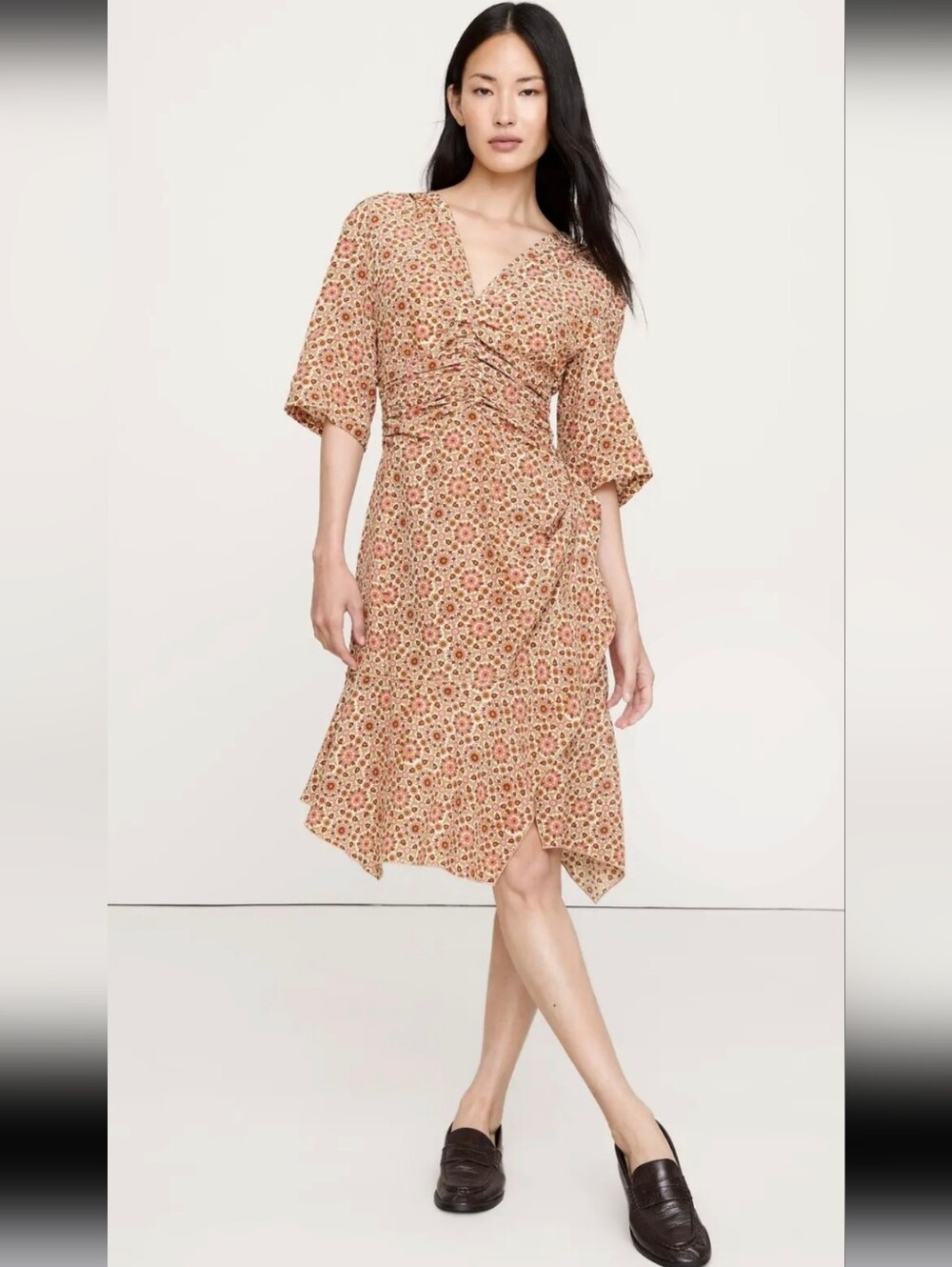 Banana Republic Matte Silk Rouched-Front Midi Dress Size 14 (Large)